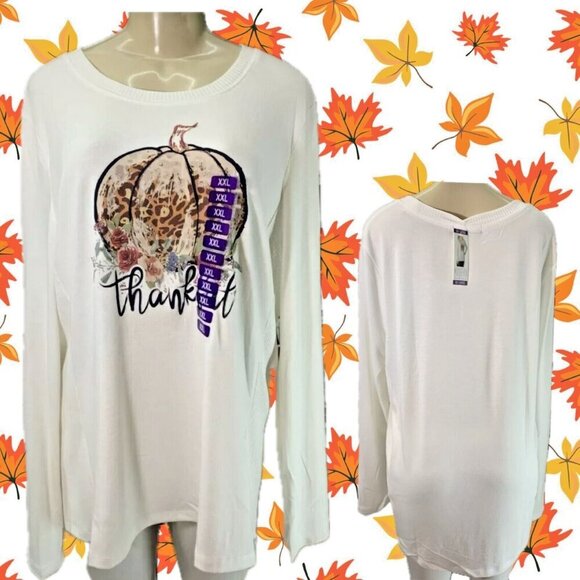 Modern Canvas XXL Eggshell Thankful Statement Crew Ribbed Trim Long Sleeve Top - Picture 1 of 6